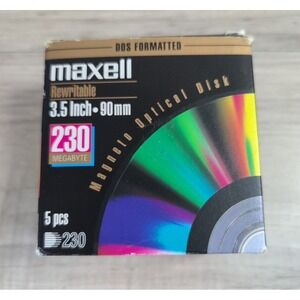 Maxell Rewritable 3.5 Inch - 90mm 230 MEGABYTE - 5PCS Optical Disk MA-M230 DOS